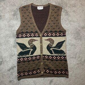 Mia Knit Sweater Vest Mens Small Brown Loon Duck Bird Nature Button Front